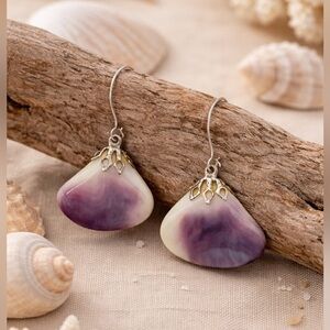 Wampum Shell Dangle Earrings | Purple & White Natural Shell Silver Hook